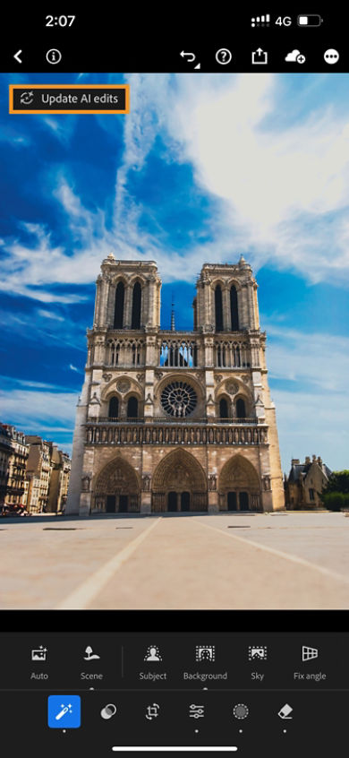 Update AI edits button is highlighted over the church image in Loupe view.