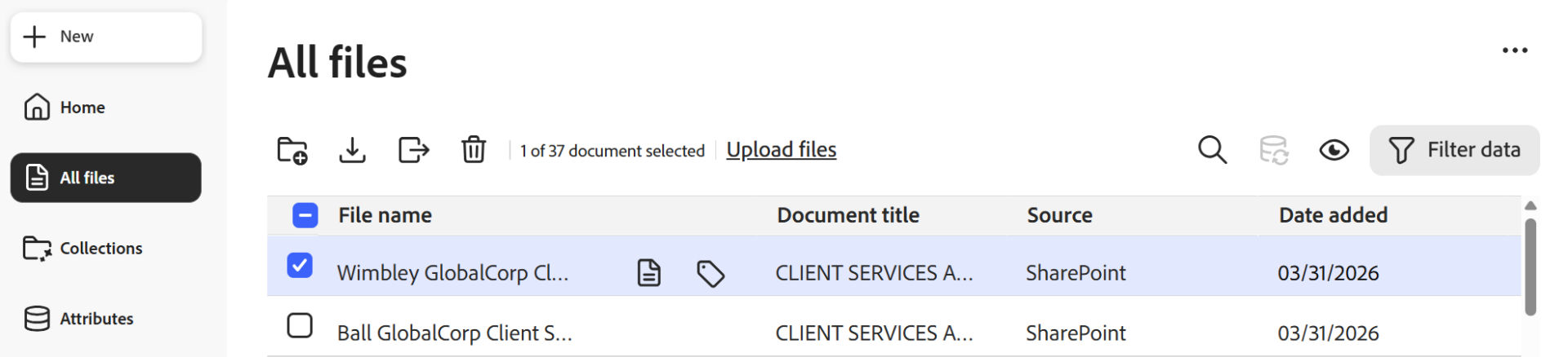 All files workspace showing the file inventory and controls for uploading, searching, refreshing attributes, adjusting columns, filtering, and sharing.