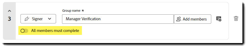 The Request Signatures "Add recipeint" section highlighting a group recipient with the "All members must complete toggle" highlighted.