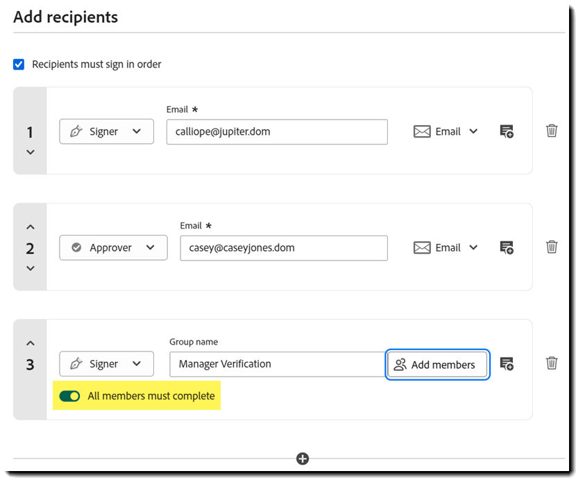 The Request Signatures "Add recipeint" section highlighting a group recipient with the "All members must complete toggle" highlighted.