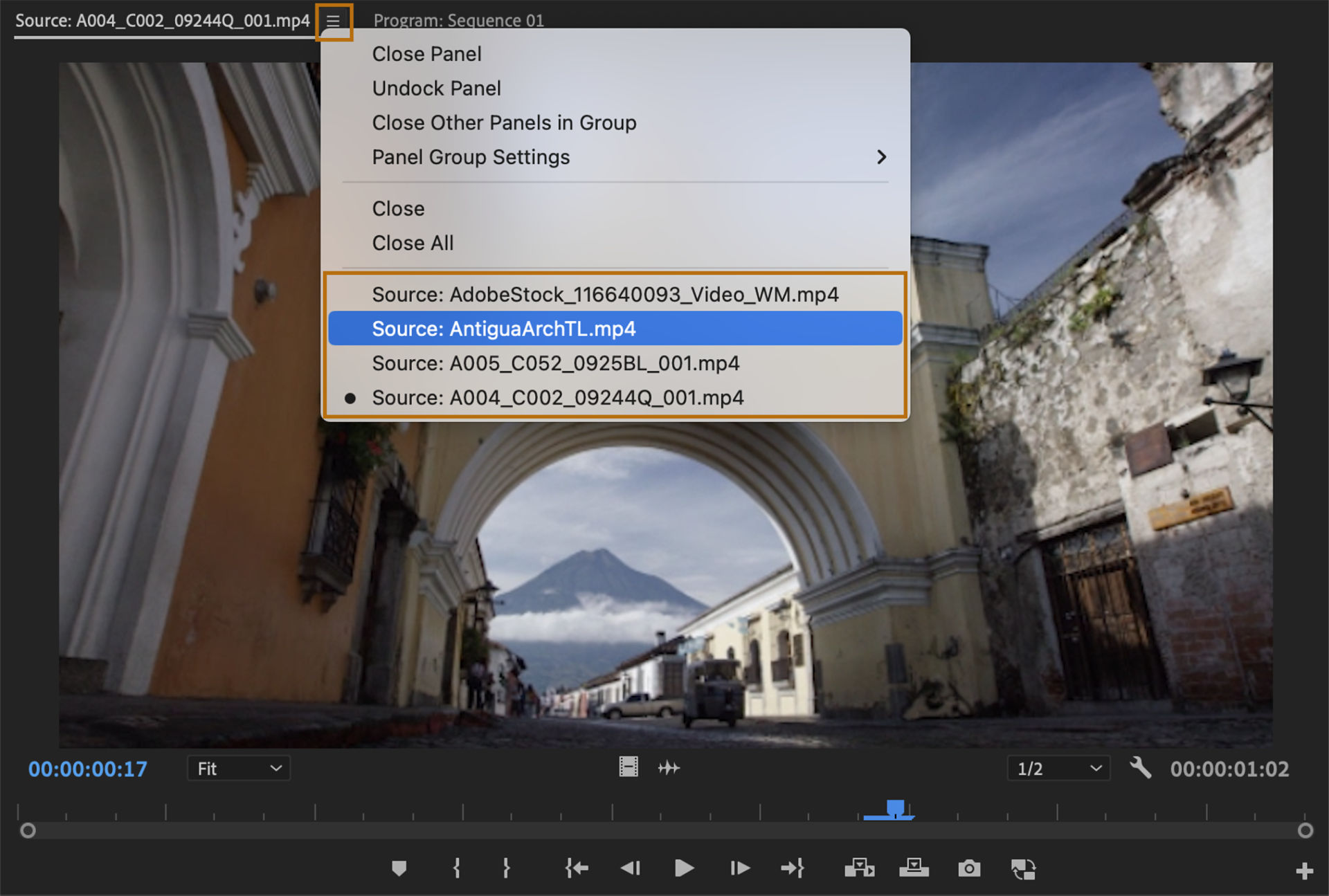 Open and view recent clips from the Source Monitor.