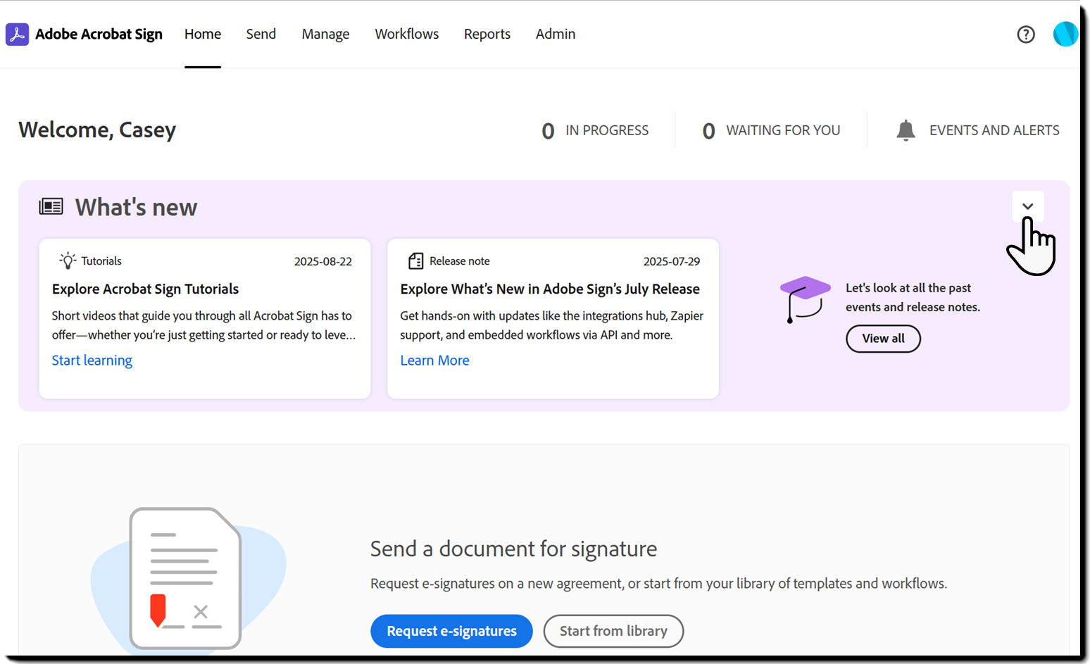 The Home page highlighting the "What's new" banner.