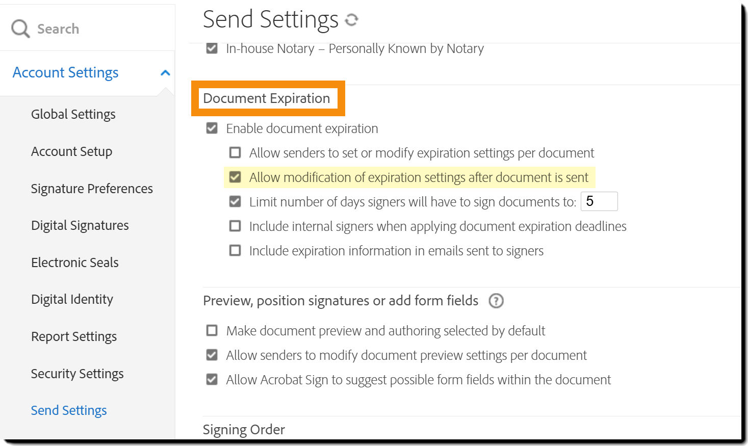 The Document Expiration controls on the Send Settings page with the "Enable document expiration" option highlighted.