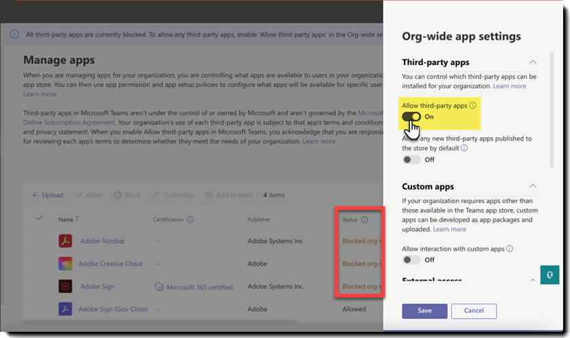 Configure the setting to allow Adobe applications Org-wide
