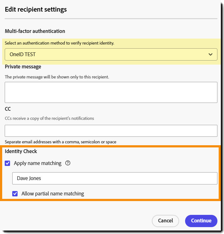 The senders view of the recipient settings when partial name matching is allowed