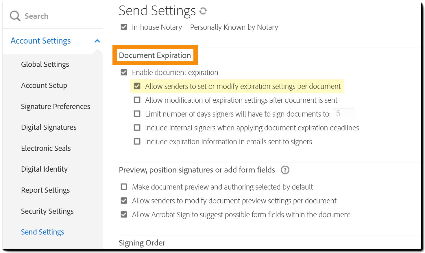 The Document Expiration controls on the Send Settings page with the "Enable document expiration" option highlighted.