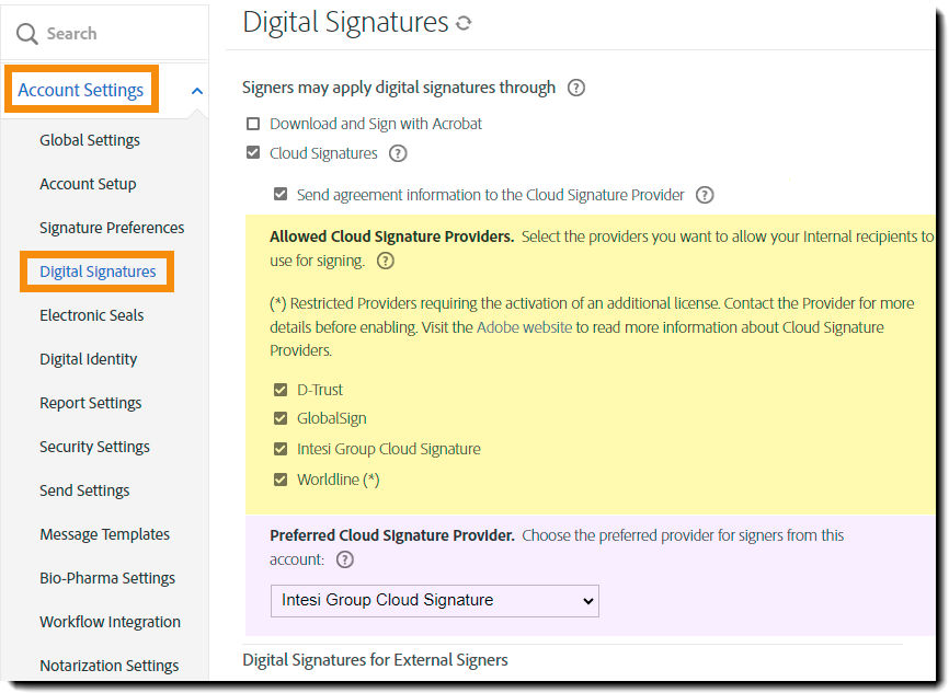 The Digital Signature configuration page with the Allowed and Preferred signature provider options highlighted.