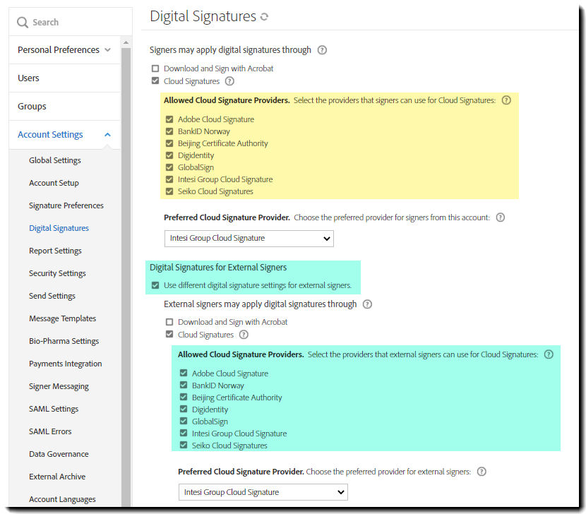 Allowed cloud signature providers