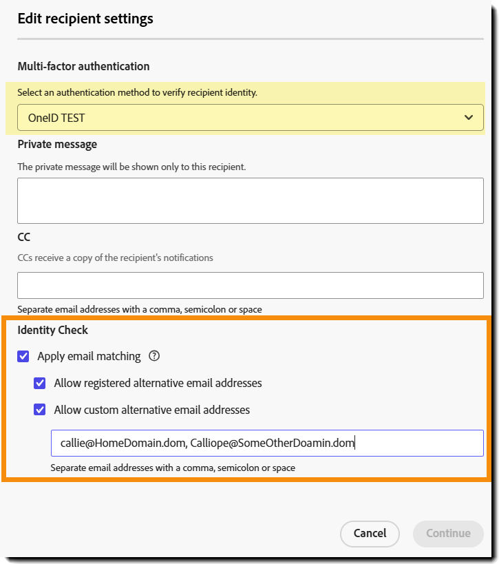 The senders view of the recipient settings when alternate emails are allowed