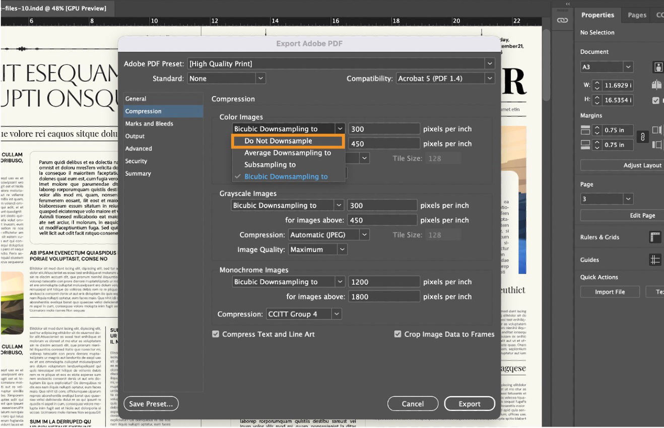 An InDesign document showing the Export Adobe PDF dialog box with the Compression tab selected and Do Not Downsample for Color Images highlighted.