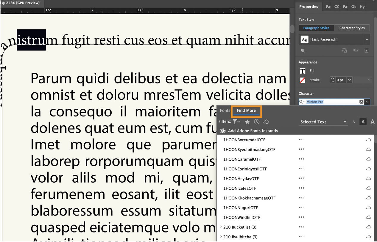 An InDesign document showing the Fonts list and Find More tab highlighted.