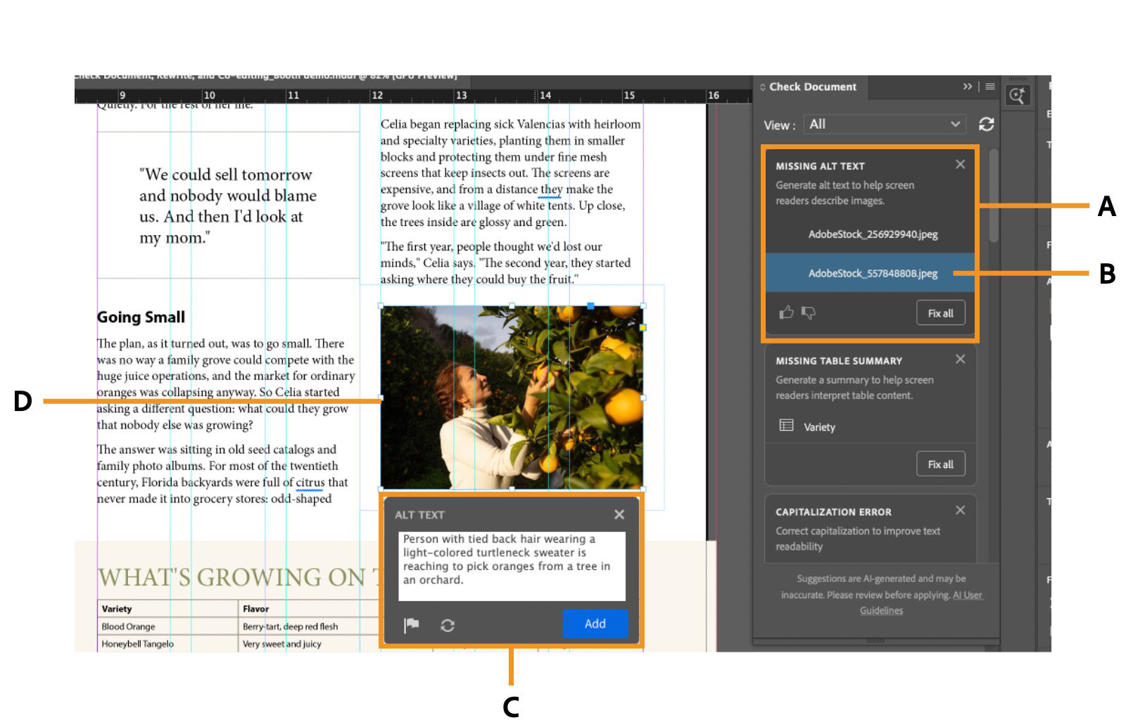 InDesign Check Document panel with a Missing alt text alert, a selected image in the layout, and an Alt Text dialog showing generated text and an Add button.