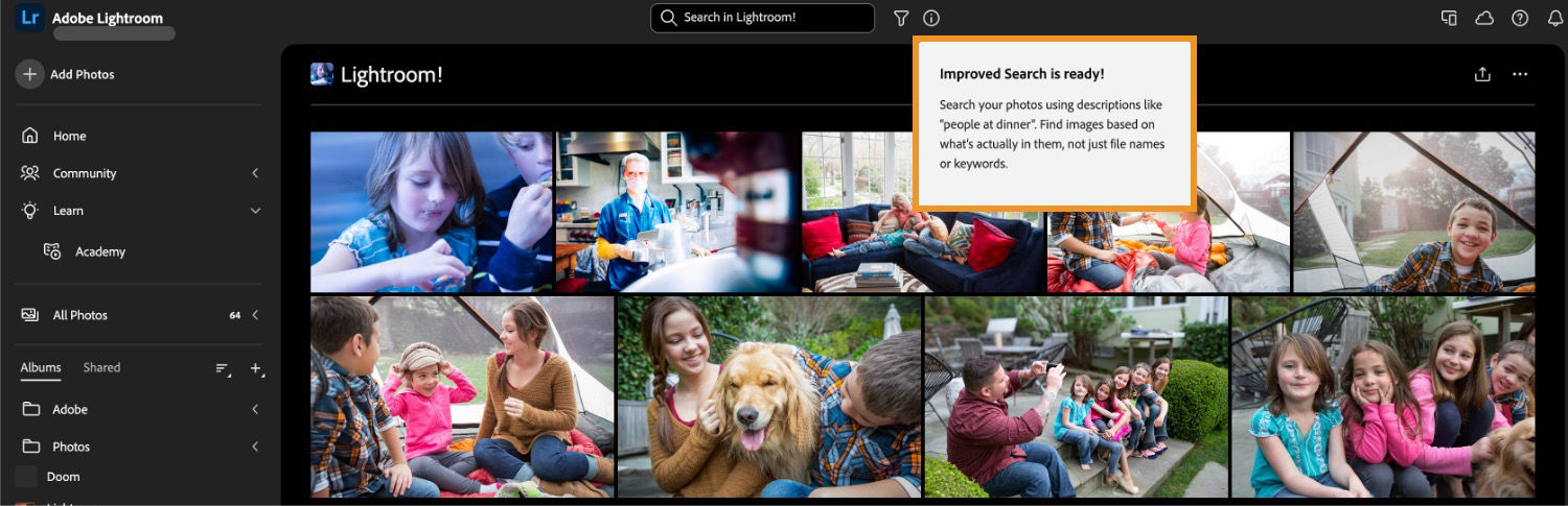 An album is opened in album view on Lightroom on the web, where information about Improved search is highlighted.