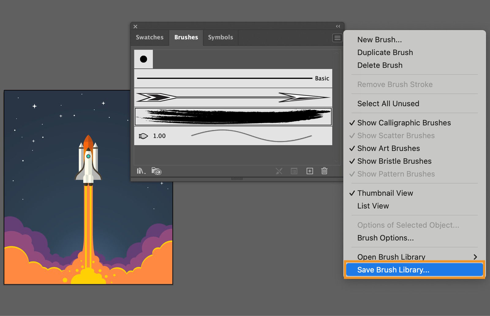 An artwork of rocket launch made using vector paths. On top of the artwork, Brushes panel display The Save Brush Library option is highlighted among others in the Brushes panel menu.
