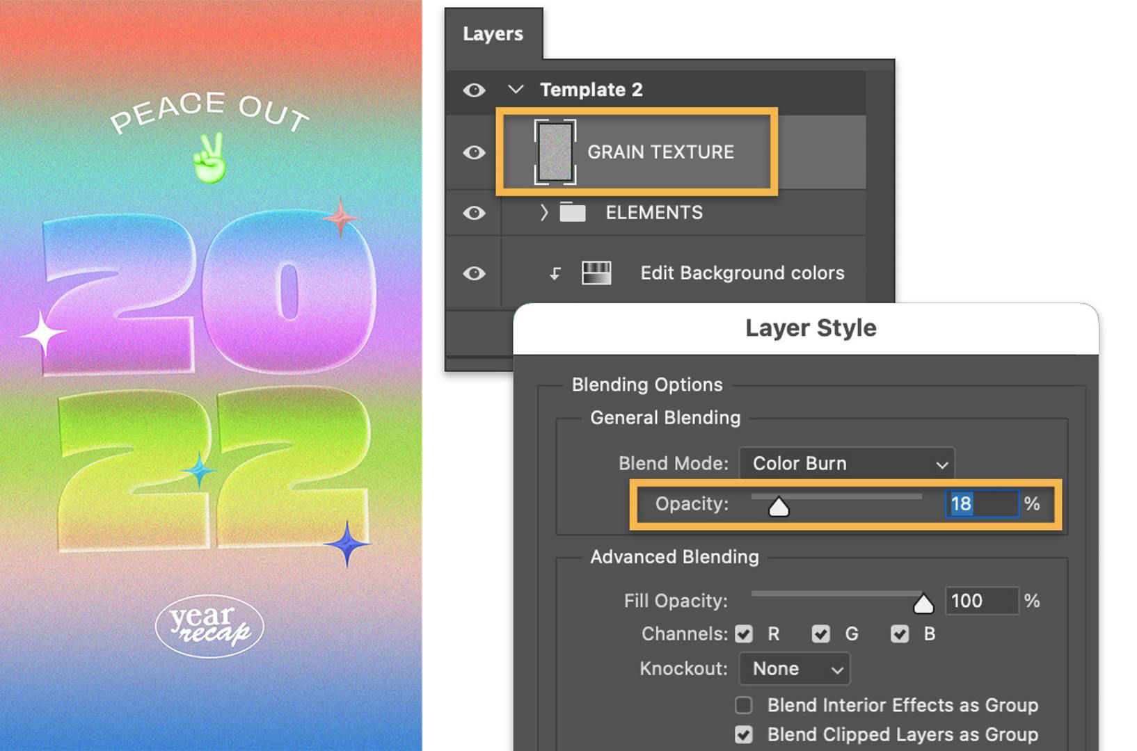 An image of Template 2, and UI showing how to access the Layer and Layer Style settings to adjust the grain texture setting.