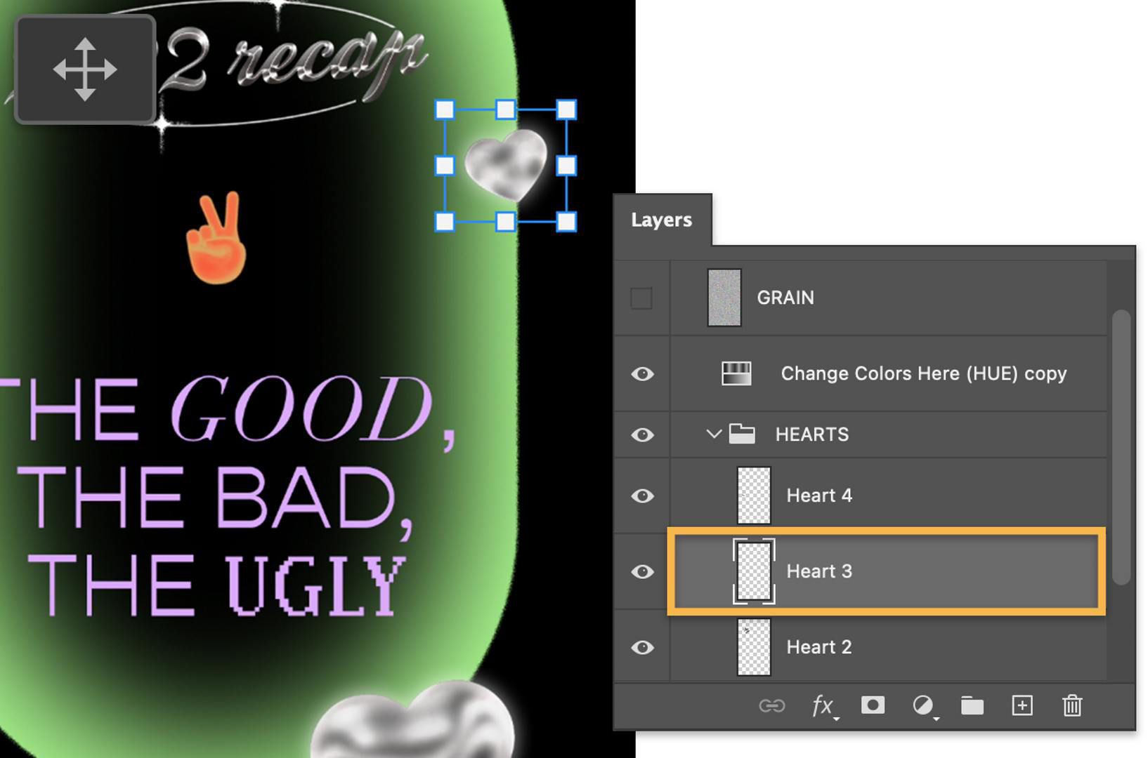 An image of Template 4, showing how to resize and adjust heart-shaped graphics using the Move tool.