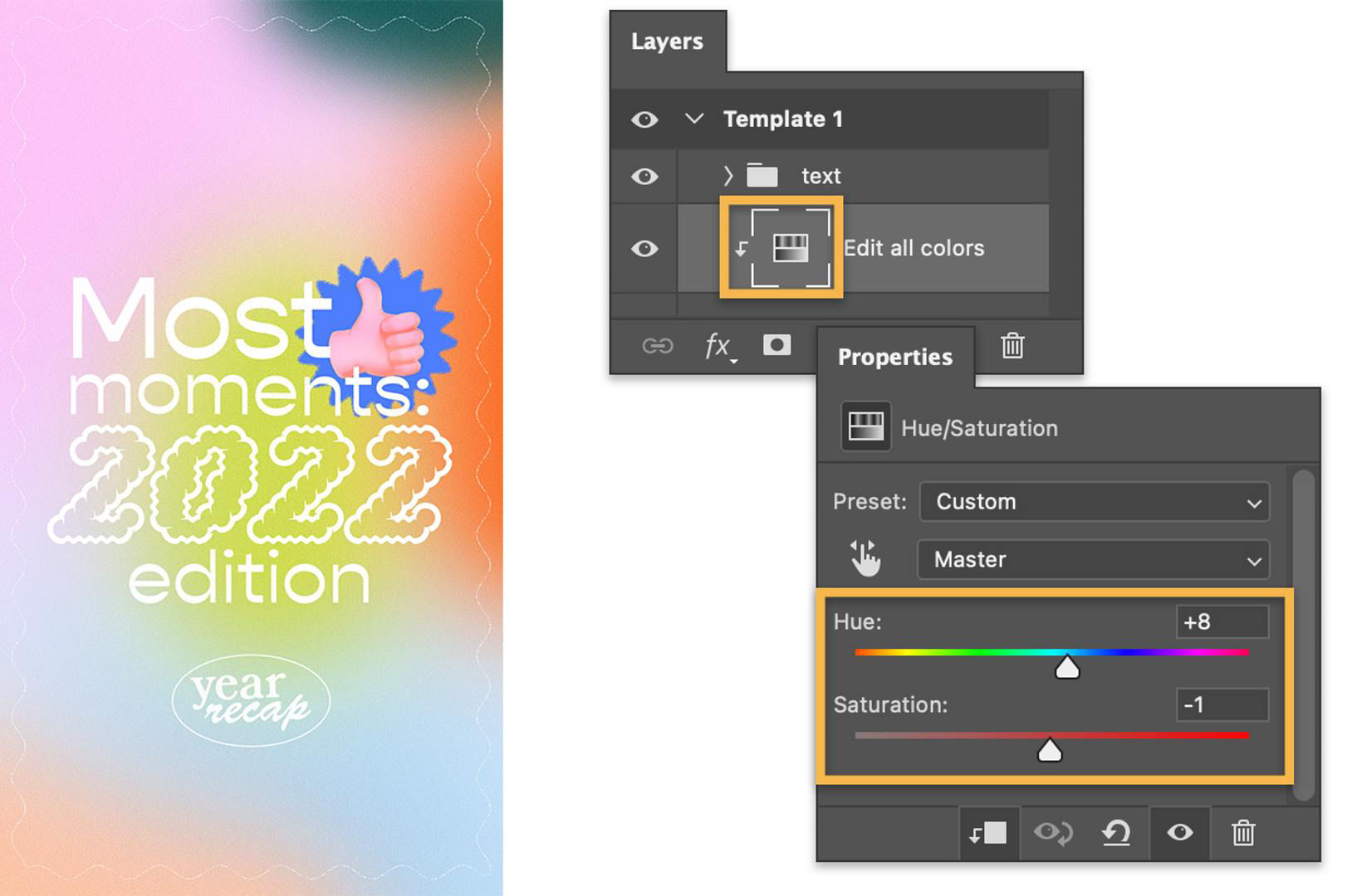 An image of one of the templates, alongside a Layers and Properties panels, showing how to edit settings for the color gradient shown in the background.
