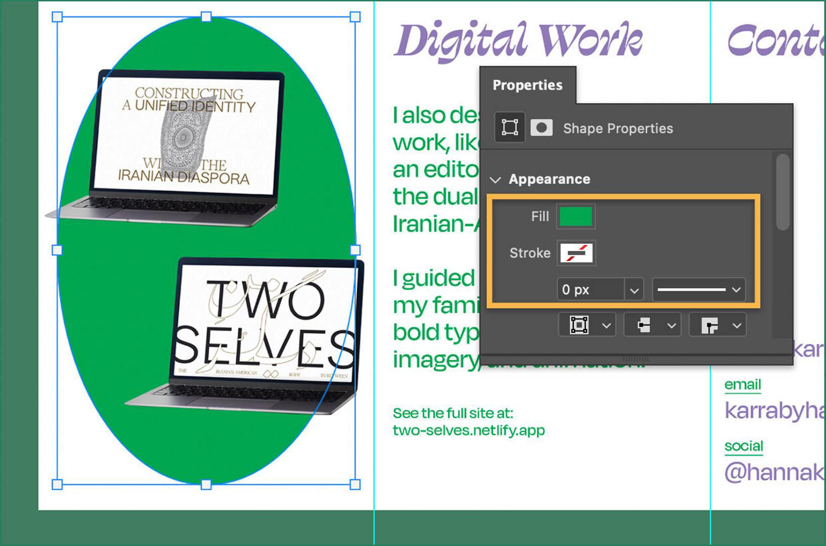 An image of two laptops displaying a website are selected the Fill and Stroke options are highlighted within the Properties panel.