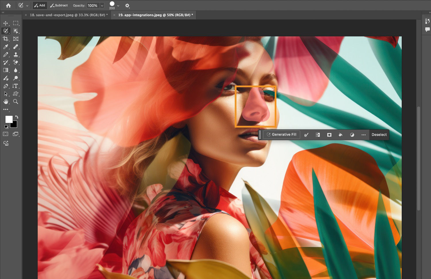 An image shows a person with flowers in their hair. The Selection Brush tool highlights their nose with a red overlay.