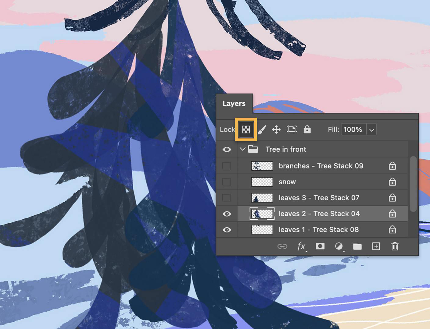 An impressionistic tree with a green underlayer that shows through the blue top layer, parts of which have been removed with the Eraser tool.