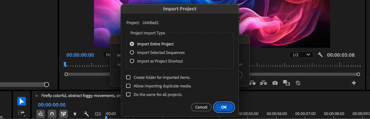 An option seelcted to import a workspace of a saved project into the current project., Picture
