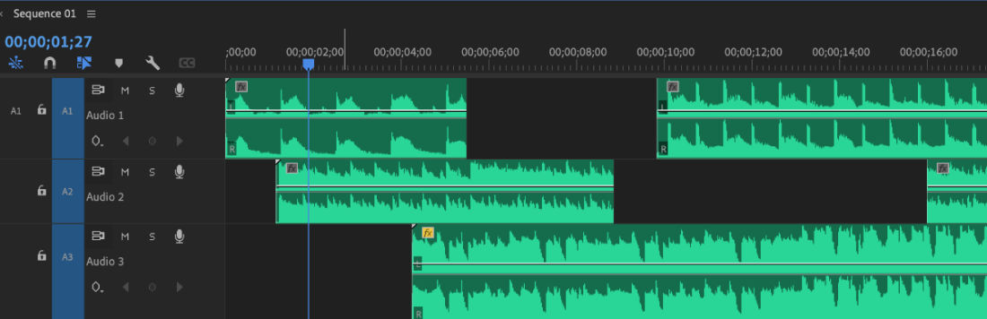 An overview of Audio Timeline when there are multiple audio clips added to the project. 