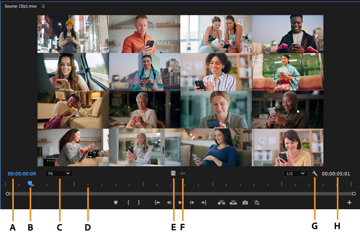 An overview of the Source Monitor in Premiere Pro highlights its various labeled features.