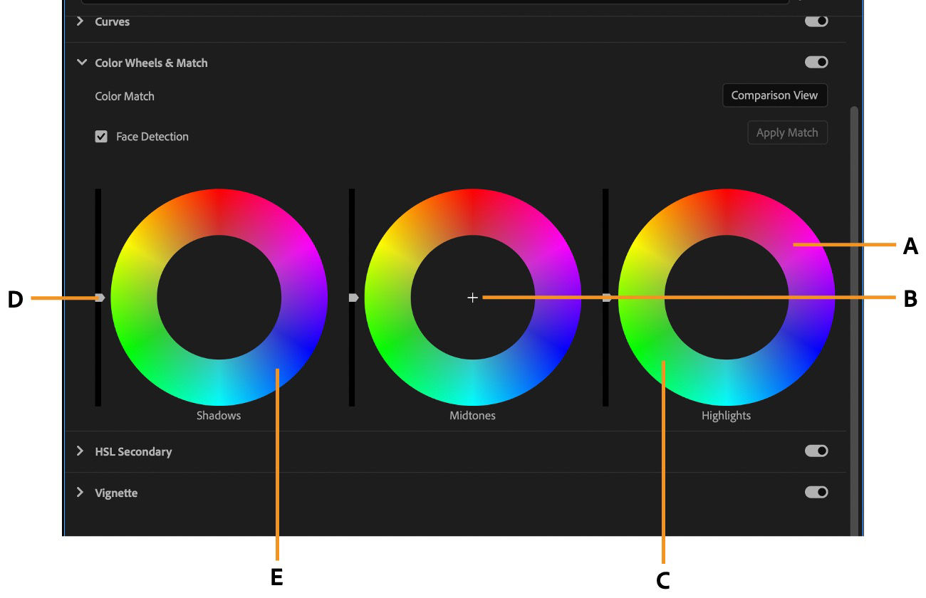 An overview of the functions available in the Color Wheels section of the Lumetri Color panel.
