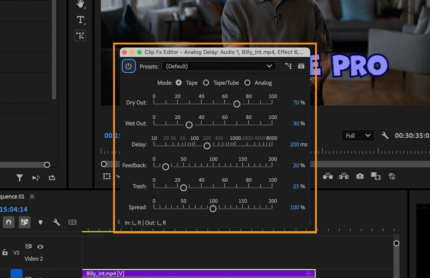 Analog Delay settings in Premiere Pro showing sliders for Dry Out, Wet Out, Delay, Feedback, Trash, and Spread, with mode options for Tape, Tape/Tube, and Analog.