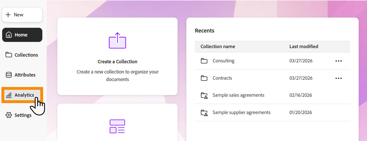 The Home page with the "Analytics" tab highlighted.
