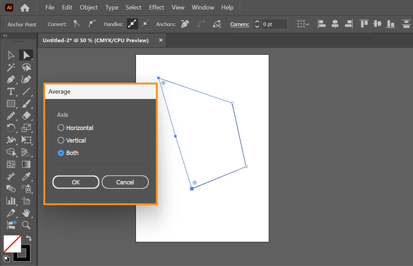 Anchor points are selected on the quadrilateral path in the Illustrator workspace. The Average dialog box, highlighted in Orange, displays radio buttons with Horizontal, Vertical, and both options to average anchor points.