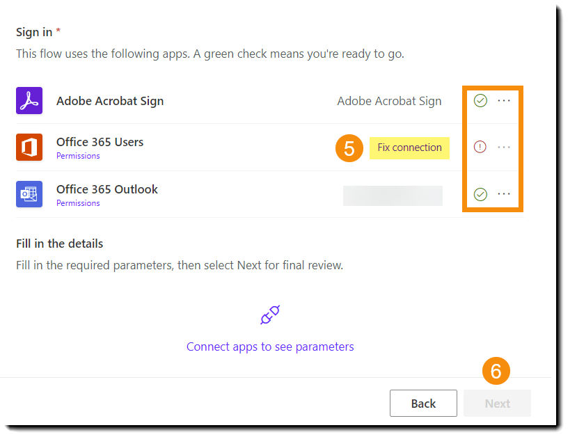 The service authentication page highlighting the valid and problem icons for each service.