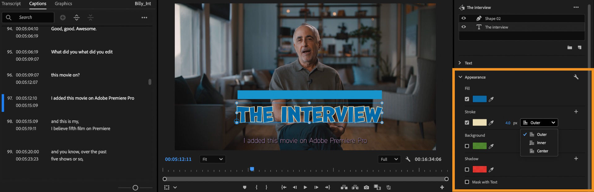 Edit the appearance of your title or graphic using the Appearance tab in the Properties panel.