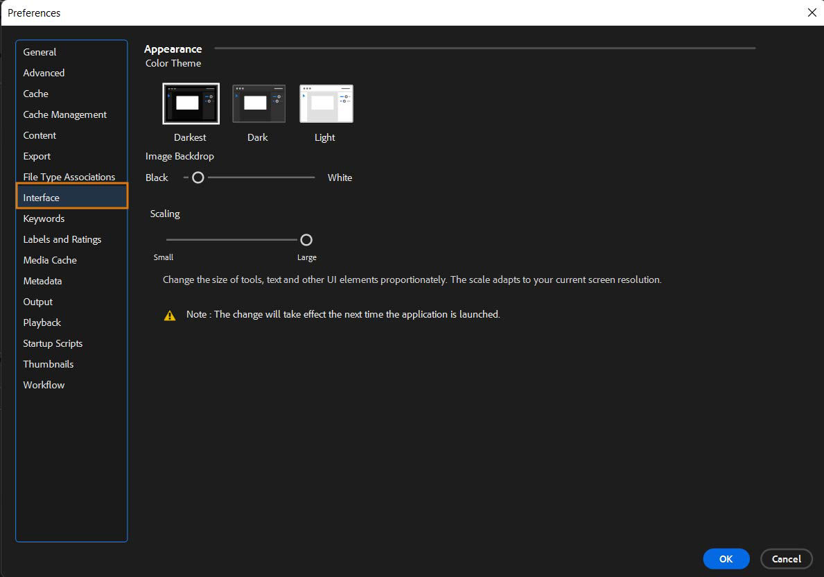 User Interface Scaling option in Bridge Preferences