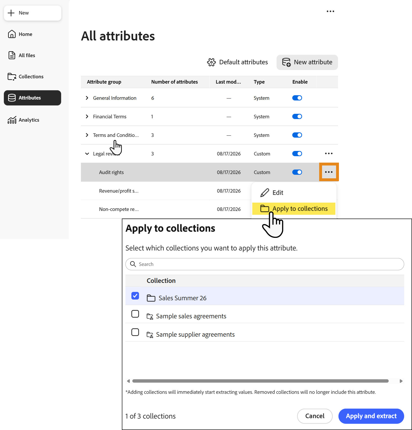 Apply to collections panel with several collections selected for one attribute.
