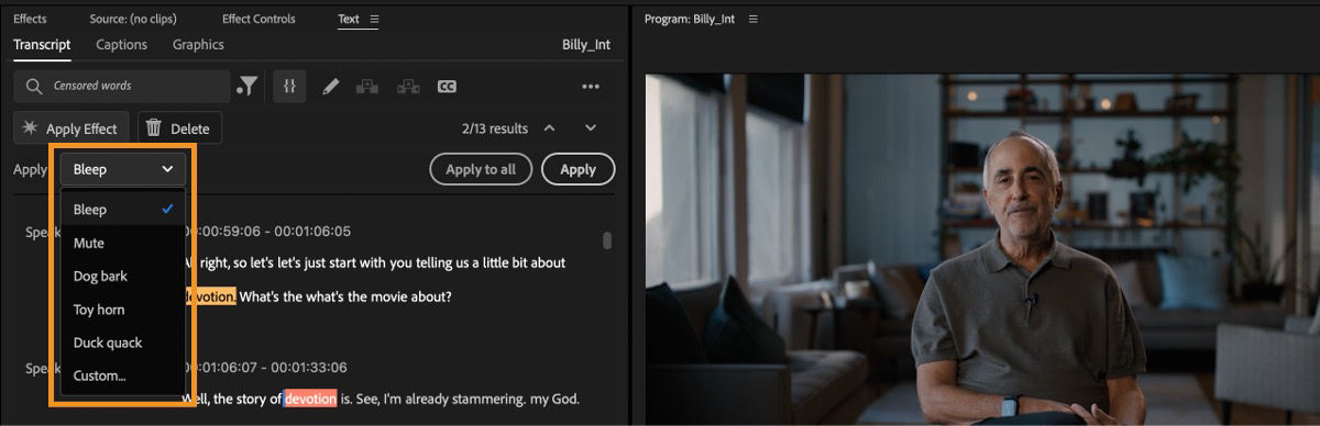 Apply dropdown showing options to select a censorship tone, such as Bleep or Mute, for flagged words.