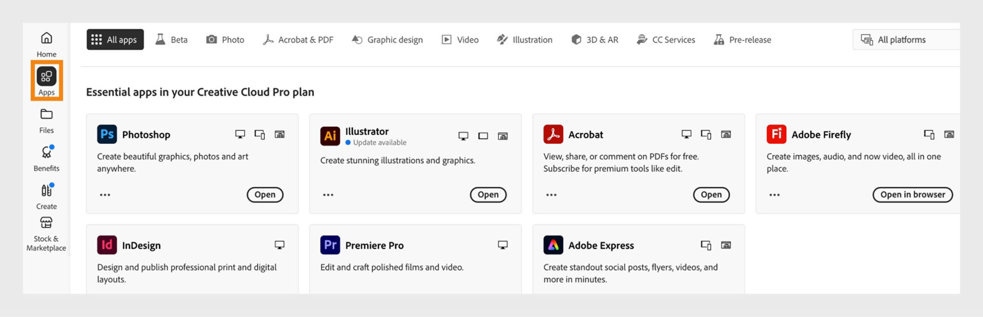 Creative Cloud desktop app showing a list of installed and available Adobe apps.