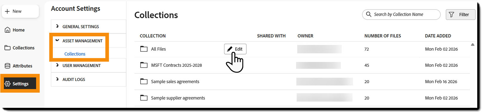 The Asset Management page with the Edit button exposed.