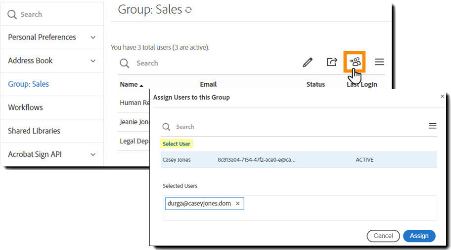 The User Settings interface with the Assign users option highlighted and the Select interface open to allow selecting user to add to the group