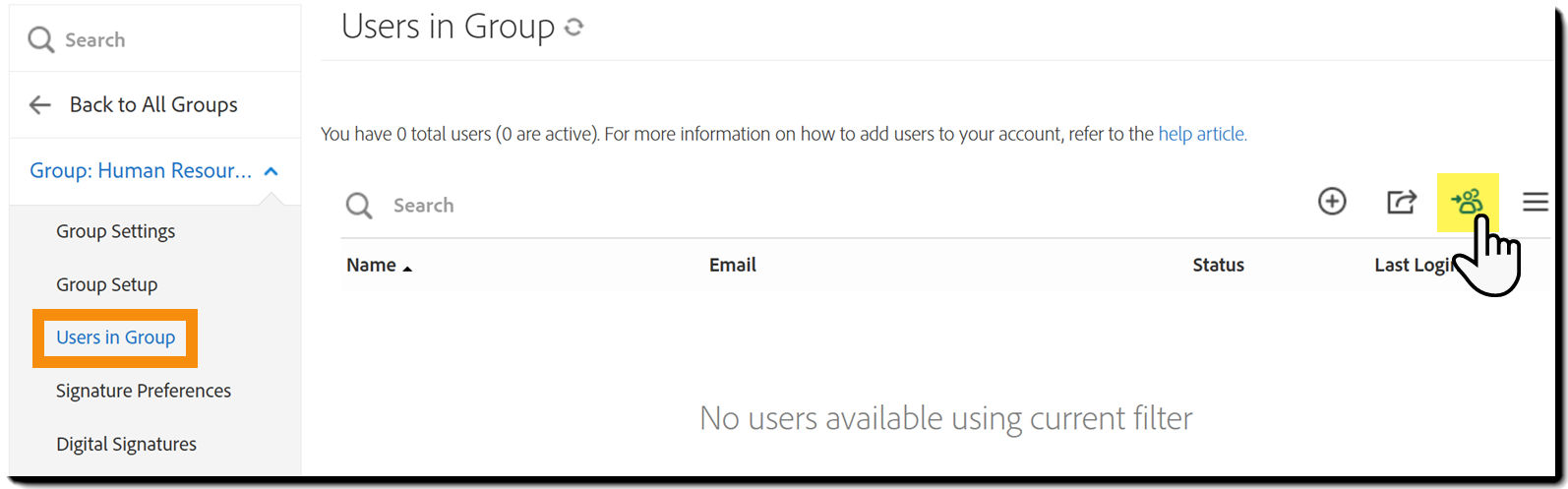 The Users in Group page with the Assign users to group icon highlighted