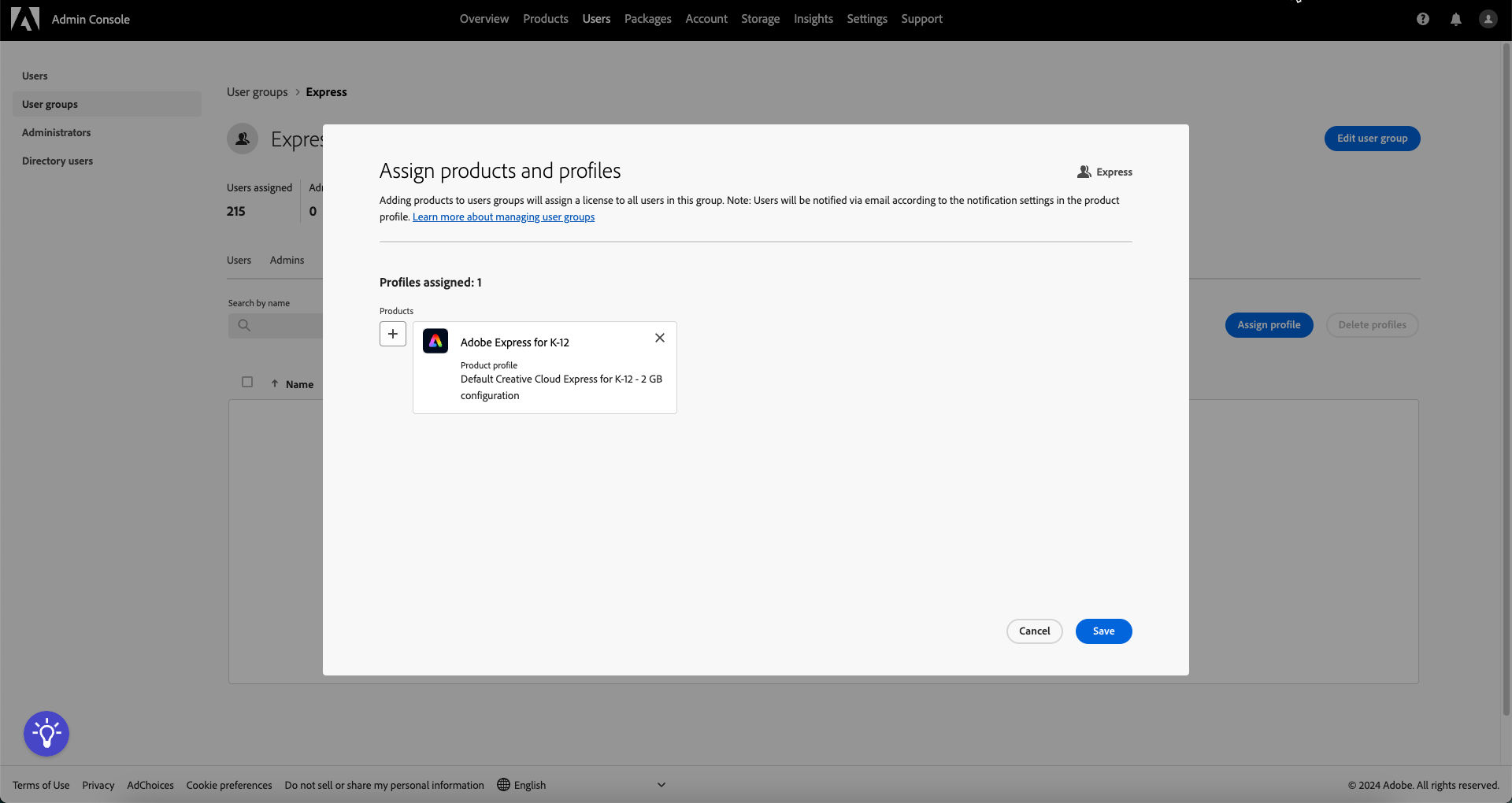 A screen of assigning a product profile to a group.