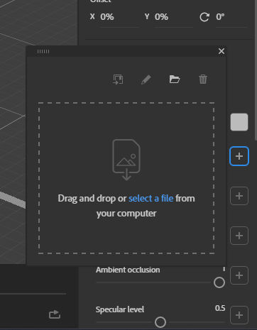 An image showing the material properties panel in Stager with the drag and drop dialogue open.