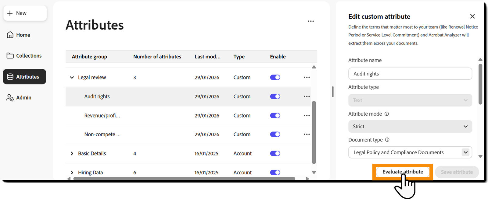 The attribute page with the definition exposed and the "Evaluate attribute" button highlighted.