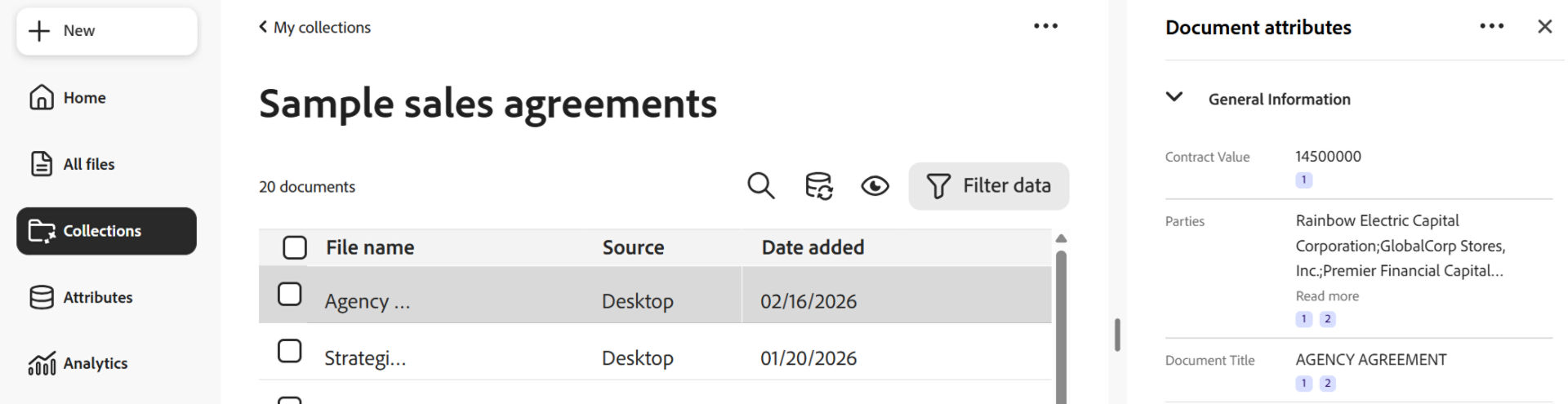 The Document page with one file selected, and the the document attributes exposed.