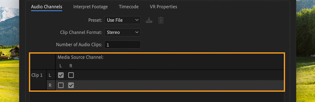 Audio Channels dialog showing clip channels mapped to left and right source channels.