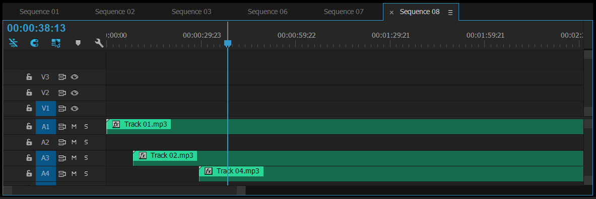 Audio track mixer section is open showing audio tracks and the gaps showing empty tracks.