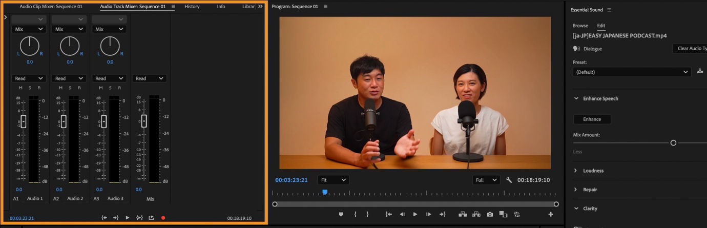 Audio Track Mixer panel with volume faders and pan knobs highlighted across multiple audio tracks, including a master mix track.