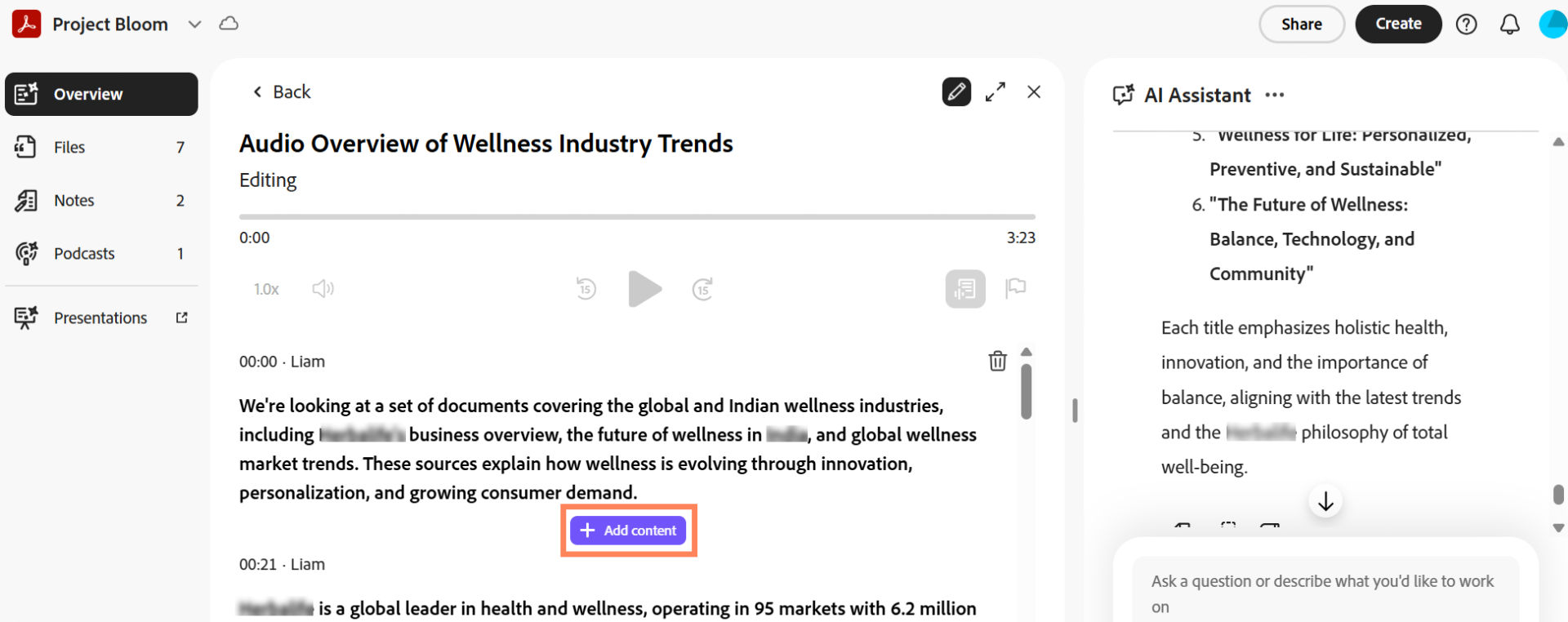 Audio overview showing a generated transcript with timestamps and an AI Assistant panel summarizing wellness industry trends.