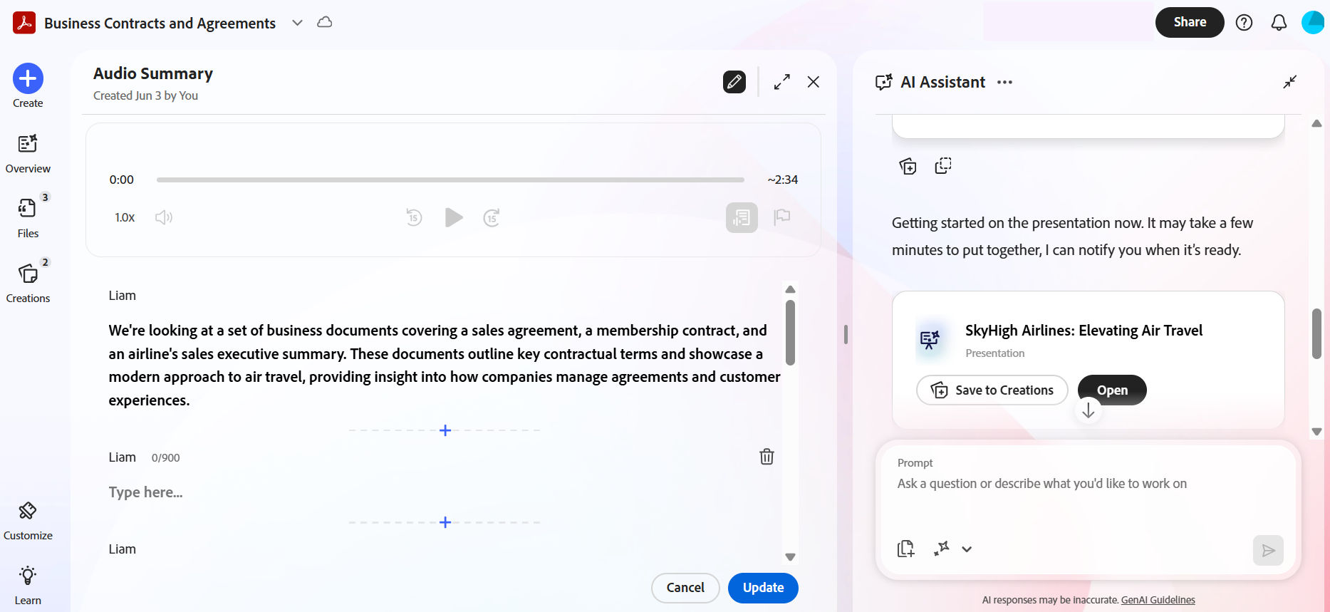 Audio overview showing a generated transcript with timestamps and an AI Assistant panel summarizing wellness industry trends.