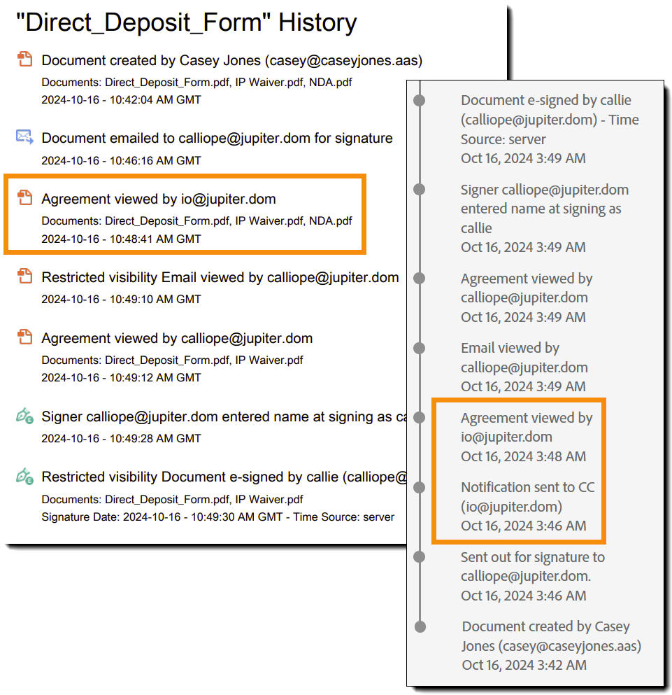 The Audit Report and Activity Log highlighting the CC'd party notifications.